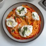 Pâtes crémeuses aux poivrons rouges avec burrata et herbes