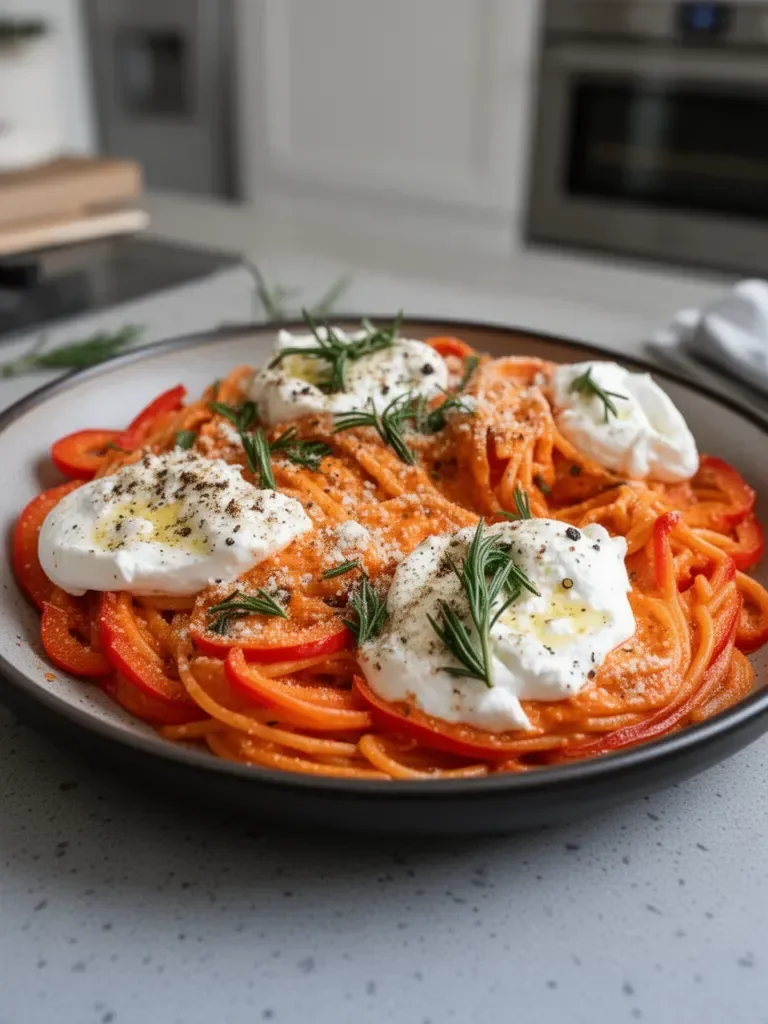 Pâtes crémeuses aux poivrons rouges avec burrata et herbes