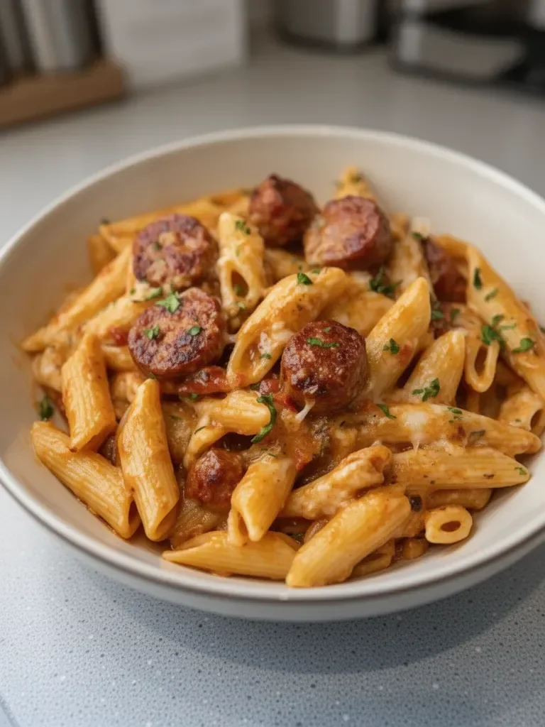 Pâtes épicées à la saucisse en une seule casserole qui sont délicieuses et copieuses
