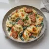 Poêlée de pierogis crémeux avec saucisse de dinde savoureux