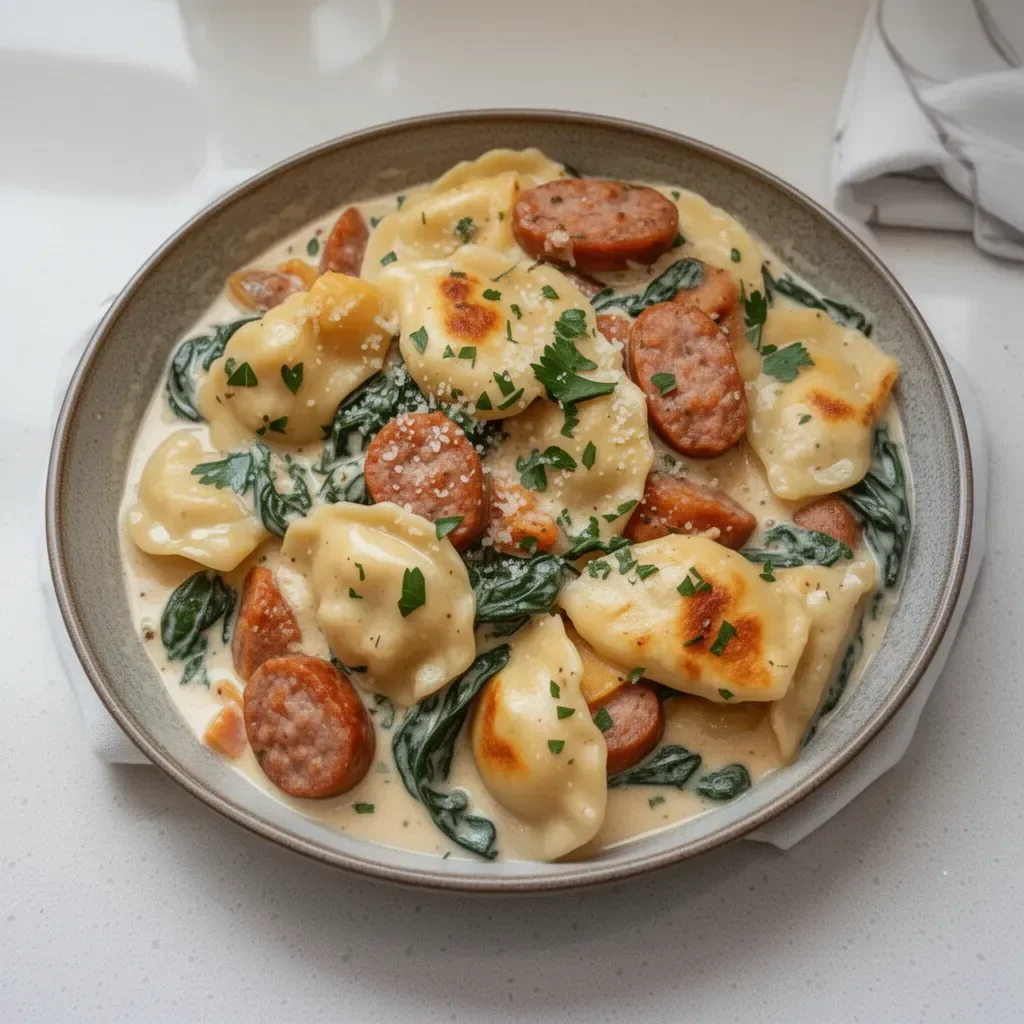 Poêlée de pierogis crémeux avec saucisse de dinde savoureux