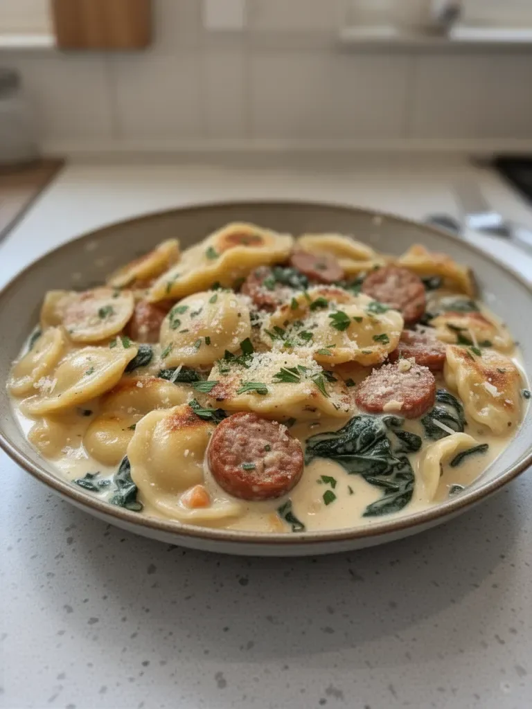 Poêlée de pierogis crémeux et de saucisse de dinde