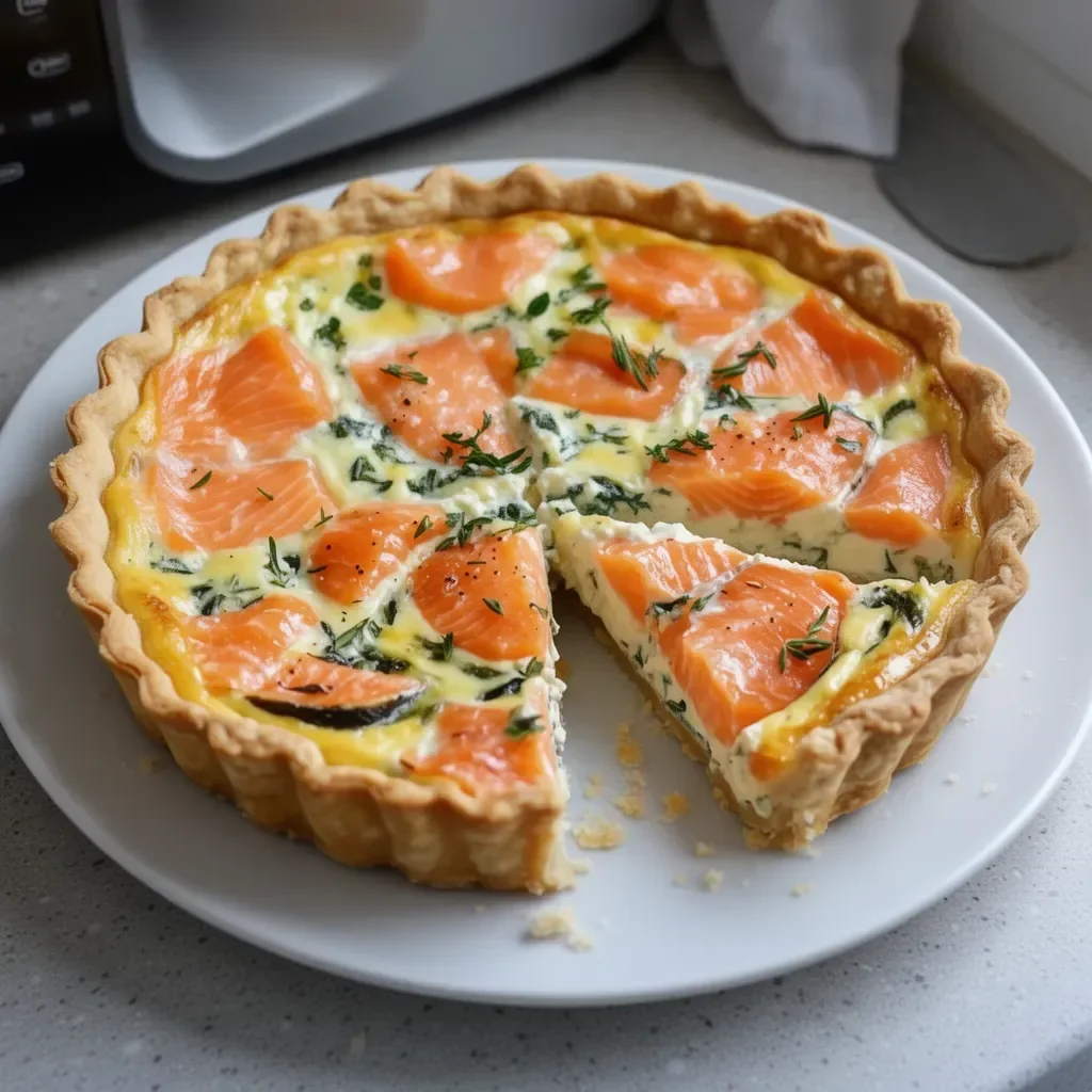 Quiche au saumon et Boursin, un plat savoureux et appétissant.
