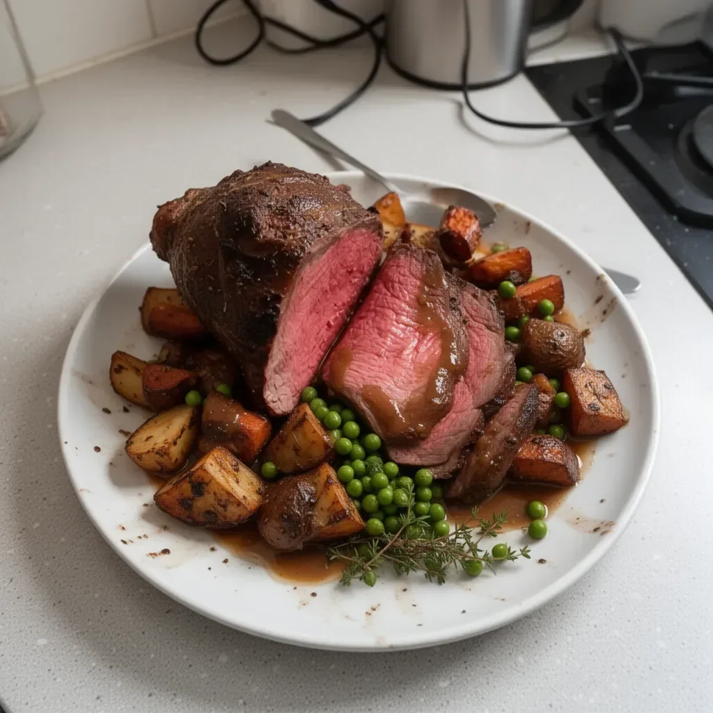 Boeuf rôti mariné prêt à être servi, plat savoureux et traditionnel.