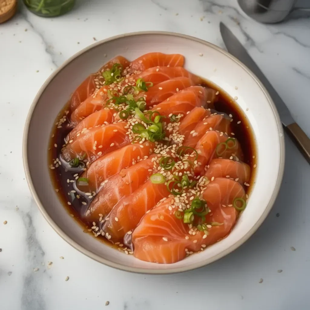 Sashimi au saumon fait maison présenté sur une assiette élégante.