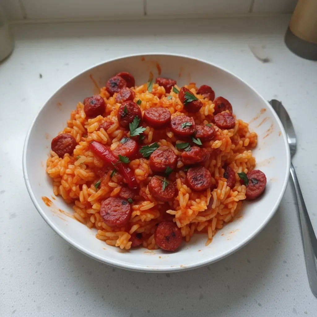 Riz au chorizo et à la tomate dans un plat coloré