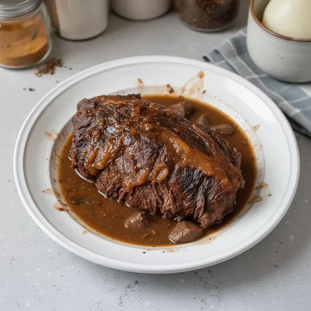 Rôti de paleron de bœuf mijoté en cocotte, plat savoureux et réconfortant.