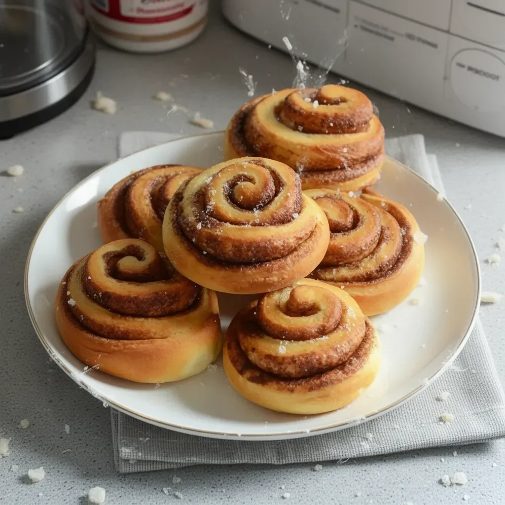 Roulés à la cannelle sortant du four, garnis de sucre et de cannelle