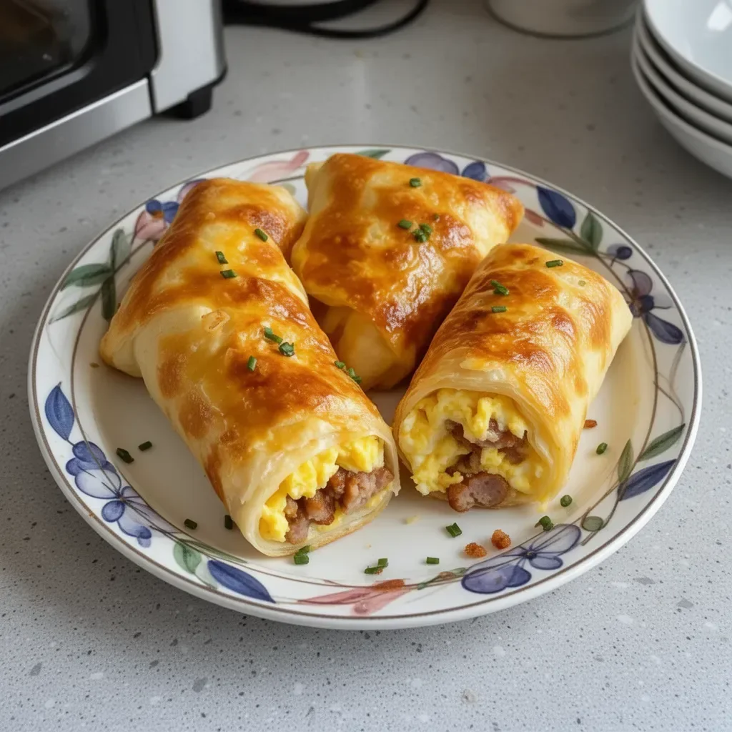 Roulés de petit-déjeuner avec saucisse, œuf et fromage, parfaits pour le matin.