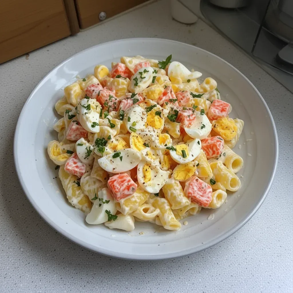 Salade de Pâtes au Surimi garnie de légumes frais et vinaigrette