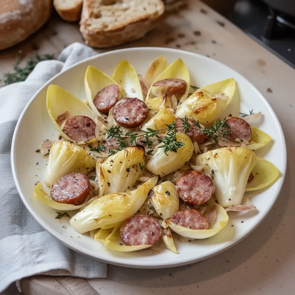 Salade d'endives avec saucisses fumées délicieusement dressée dans un plat