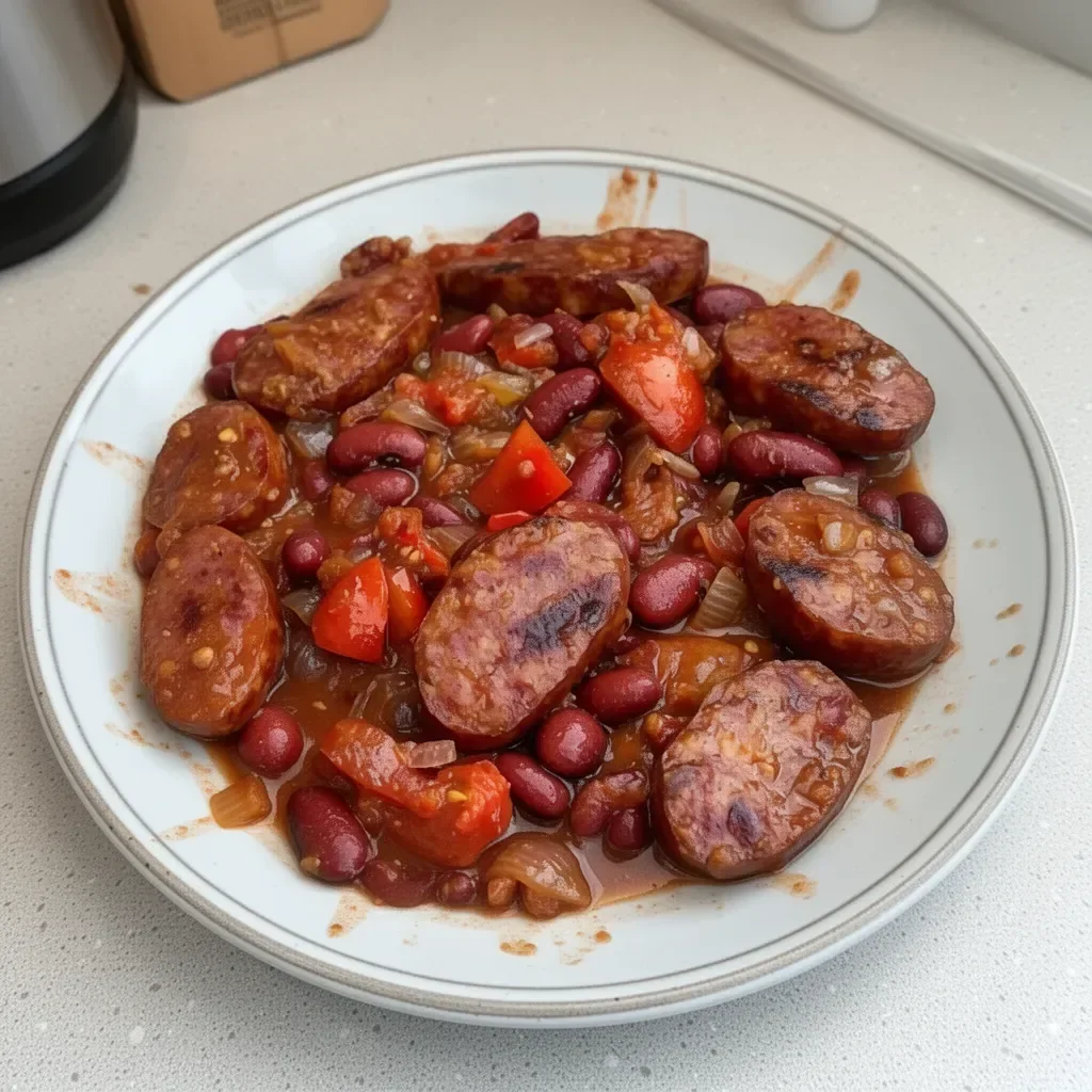 Saucisses fumées aux haricots rouges en plat savoureux