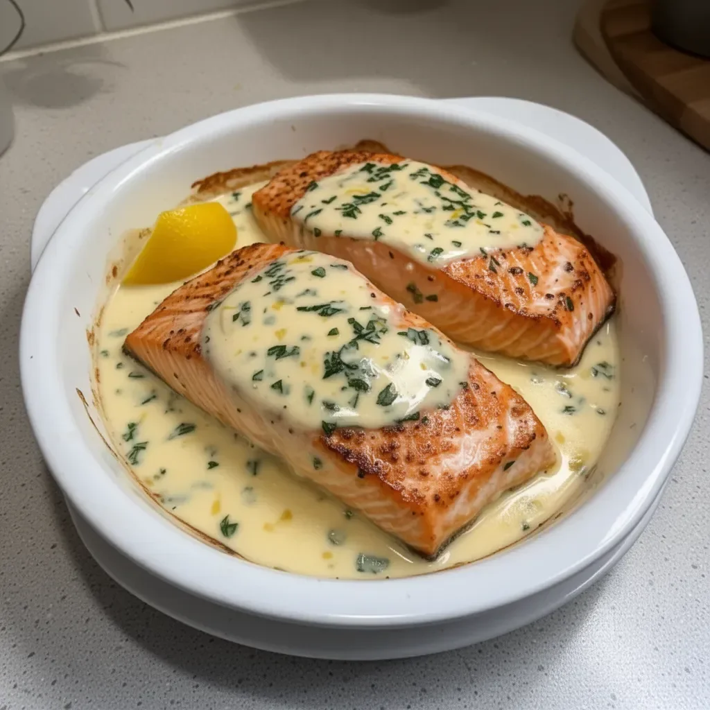 Saumon au four avec sauce crémeuse au beurre et citron, plat savoureux