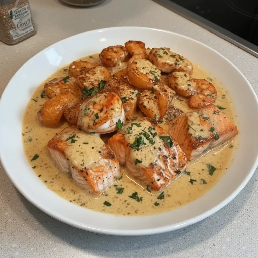 Saumon et crevettes cajun à la crème dans une assiette garnie d'herbes fraîches
