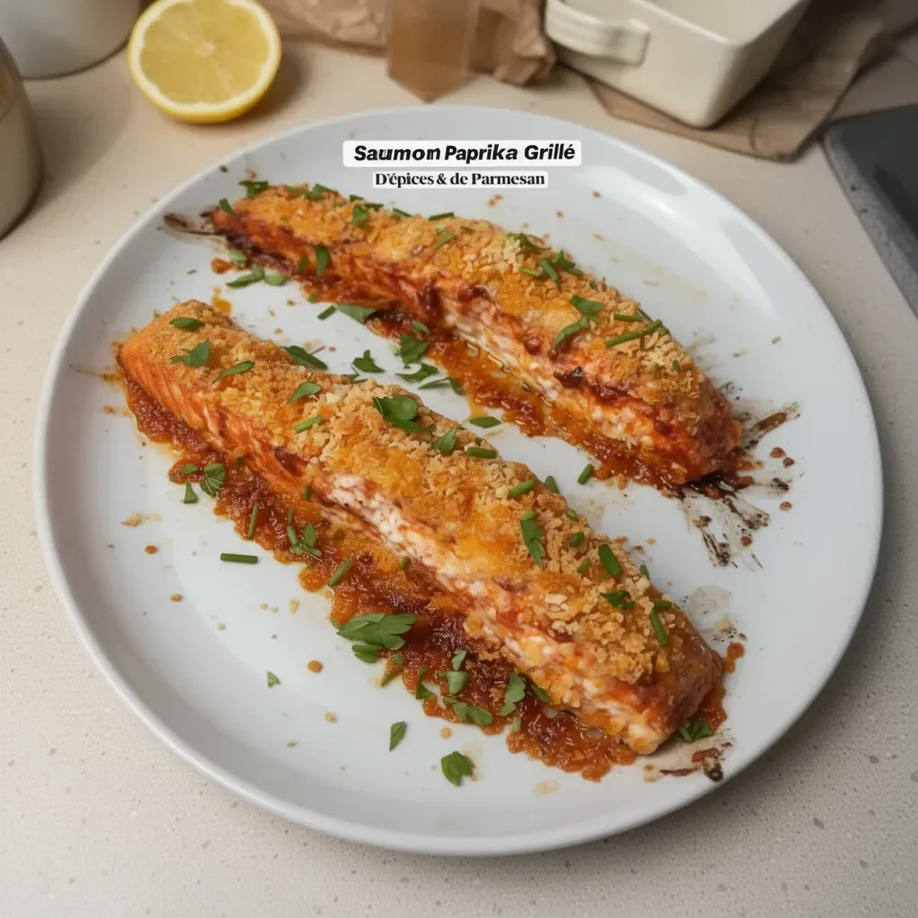 Saumon paprika grillé sur le barbecue avec garniture d'herbes fraîches.
