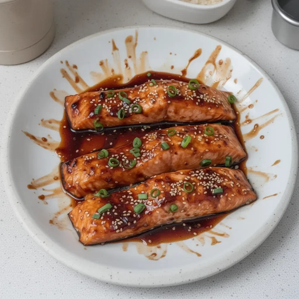 Saumon teriyaki grillé avec sauce et garnitures sur assiette