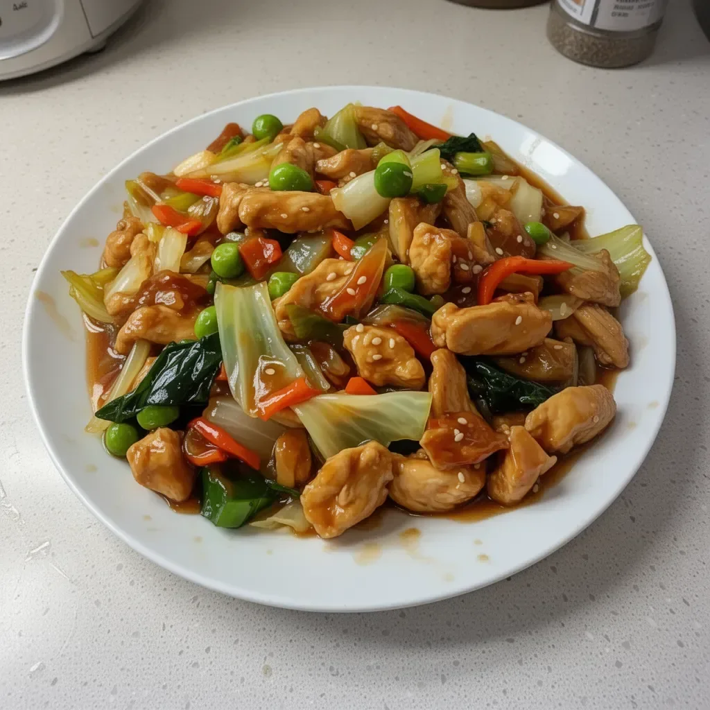 Sauté de chou et poulet façon chinoise, plat frais et savoureux sur une table.