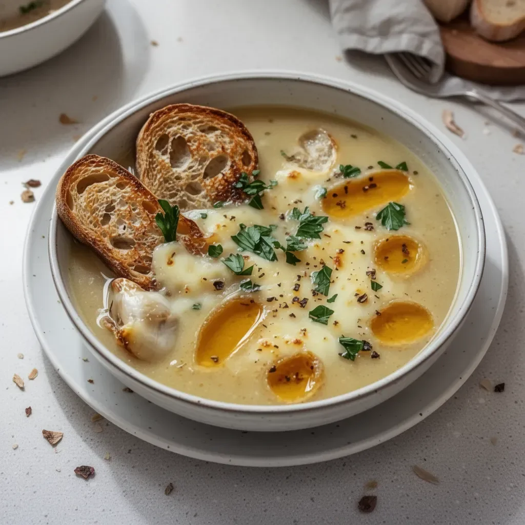Soupe à l'ail classique à la française dans un bol en céramique