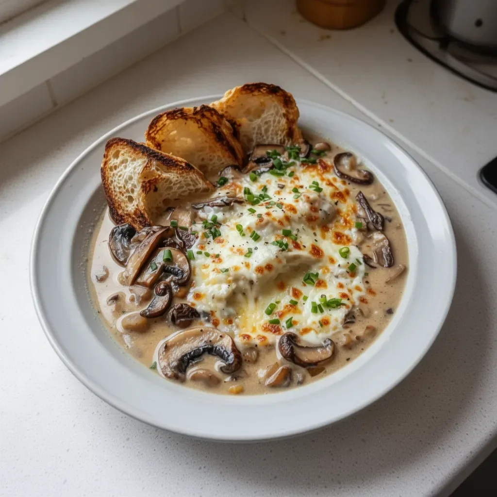 Soupe aux champignons crémeuse et réconfortante servie dans un bol.