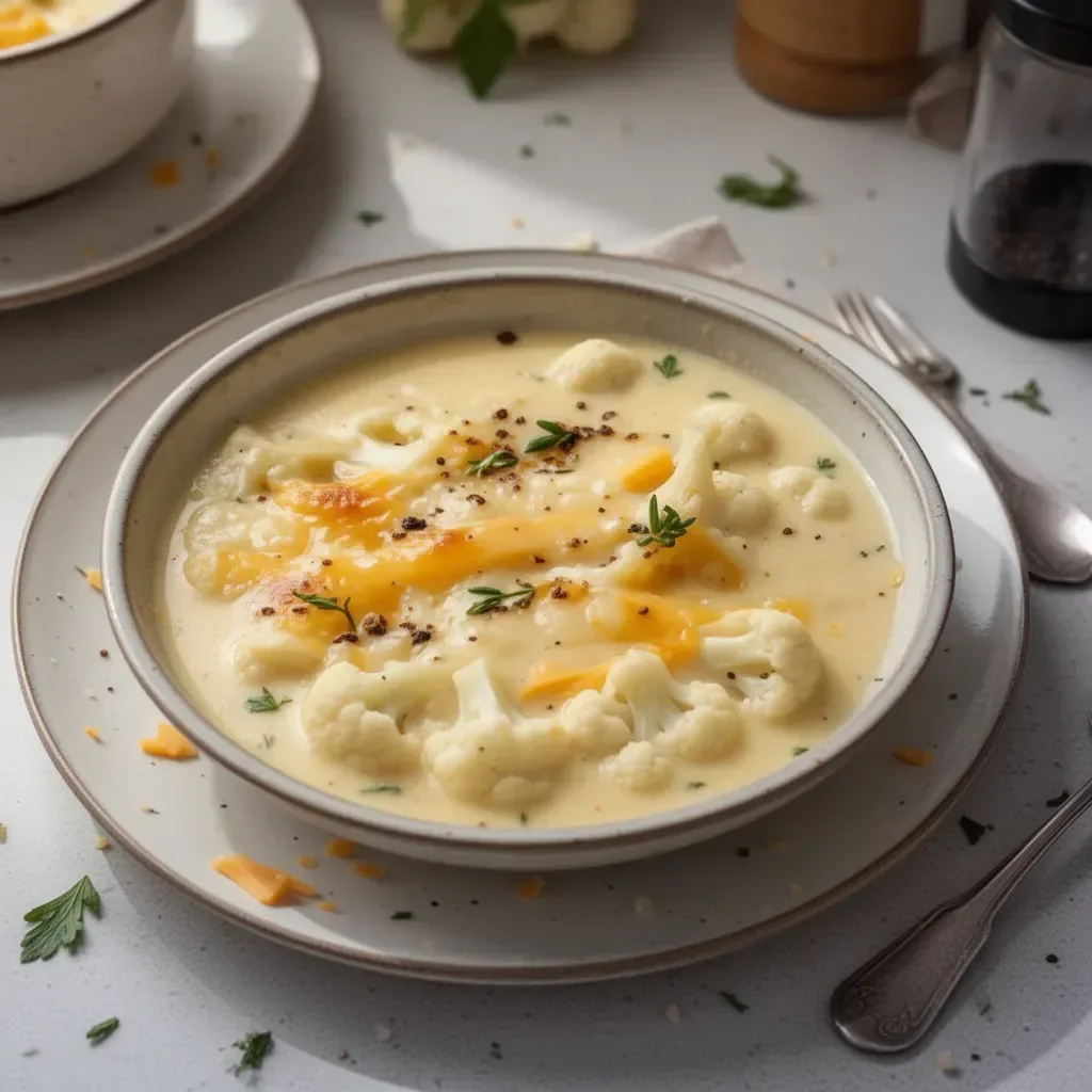 Soupe Chou-Fleur Cheddar crémeuse dans un bol garnie d'herbes fraîches.