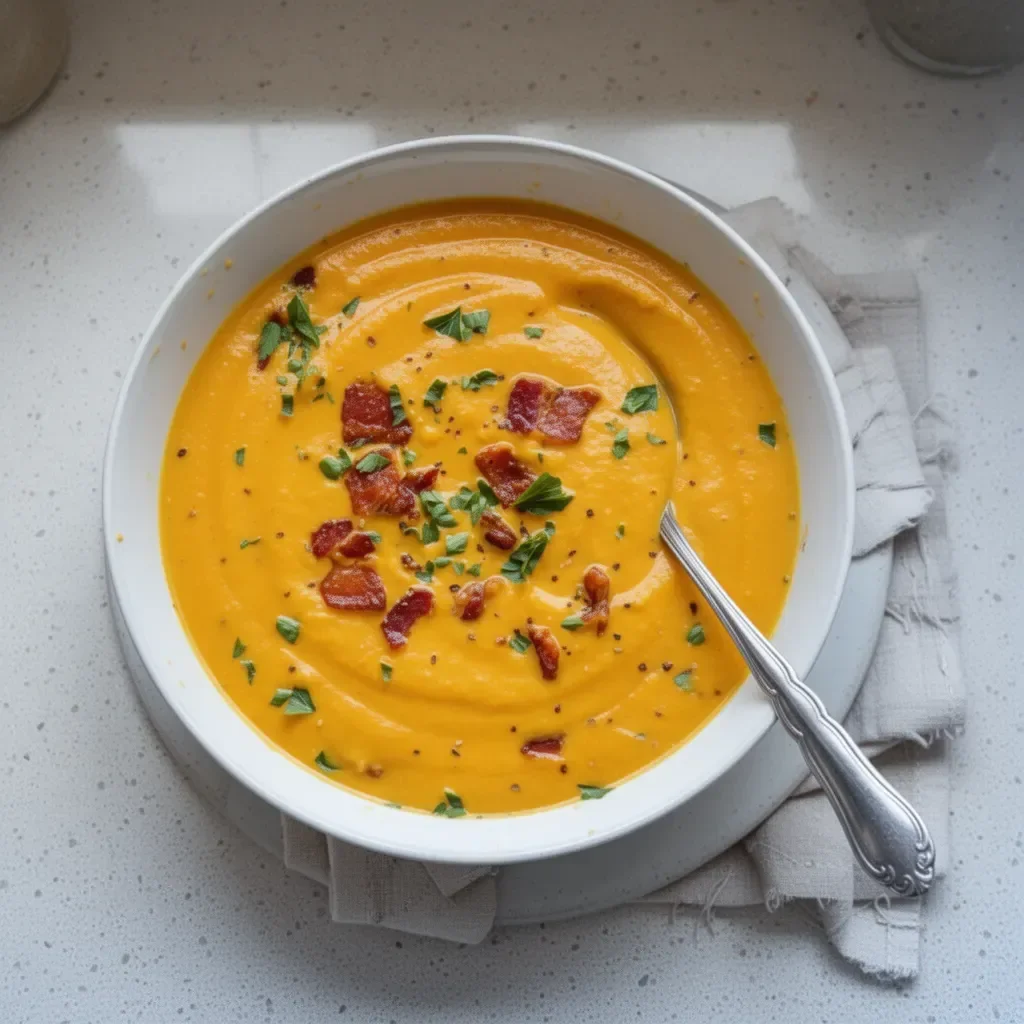 Soupe de carottes crémeuse servie dans un bol avec garniture