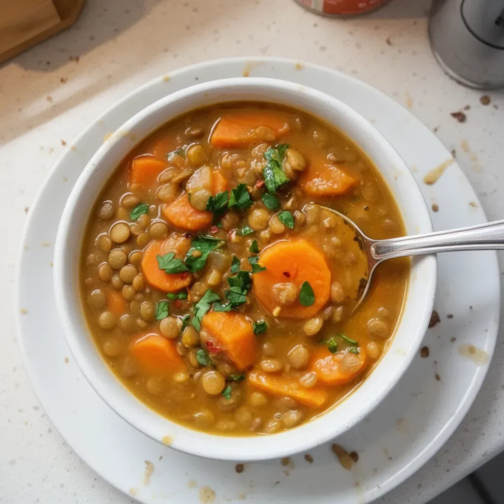Bol de Soupe de Carottes et de Lentilles, plat réconfortant et nutritif.