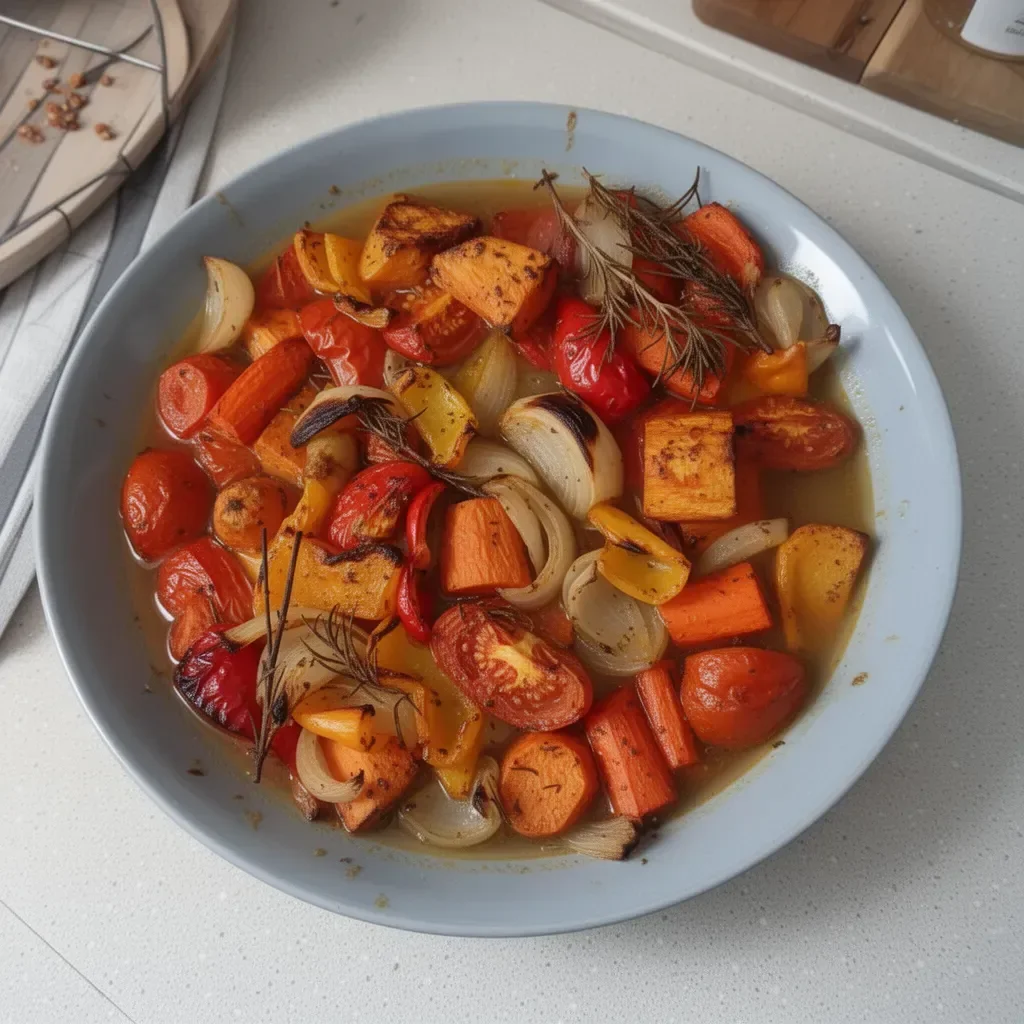 Soupe de légumes rôtis servie dans un bol avec garniture fraîche.