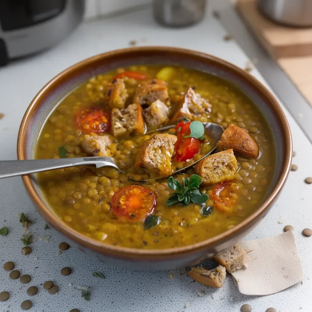 Recette de soupe de lentilles chaude et réconfortante dans un bol.