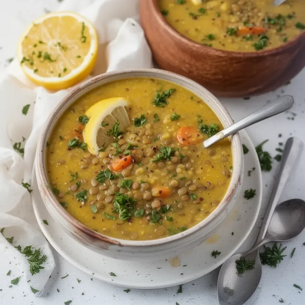 Soupe de lentilles au citron dans un bol, garnie de persil frais.