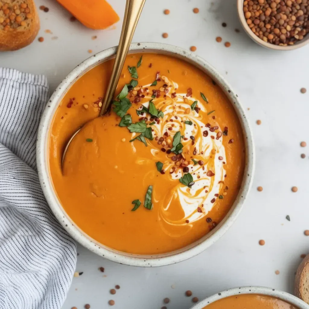 Soupe de lentilles rouges et carottes aux saveurs végétaliennes