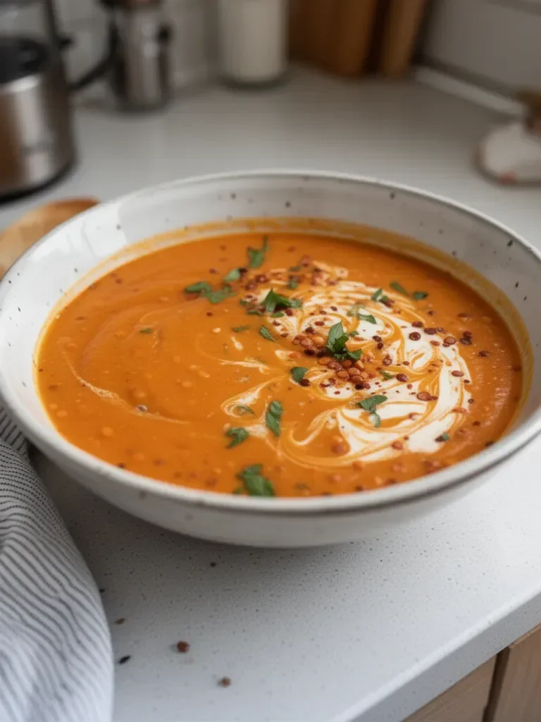 Soupe de lentilles rouges et carottes végétalienne