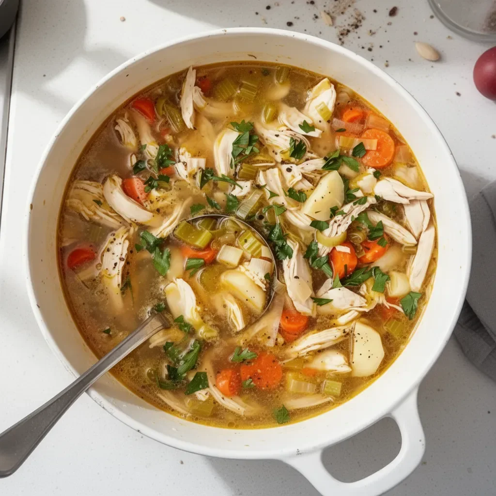 Soupe de poulet maison servie dans un bol, garnie de légumes frais