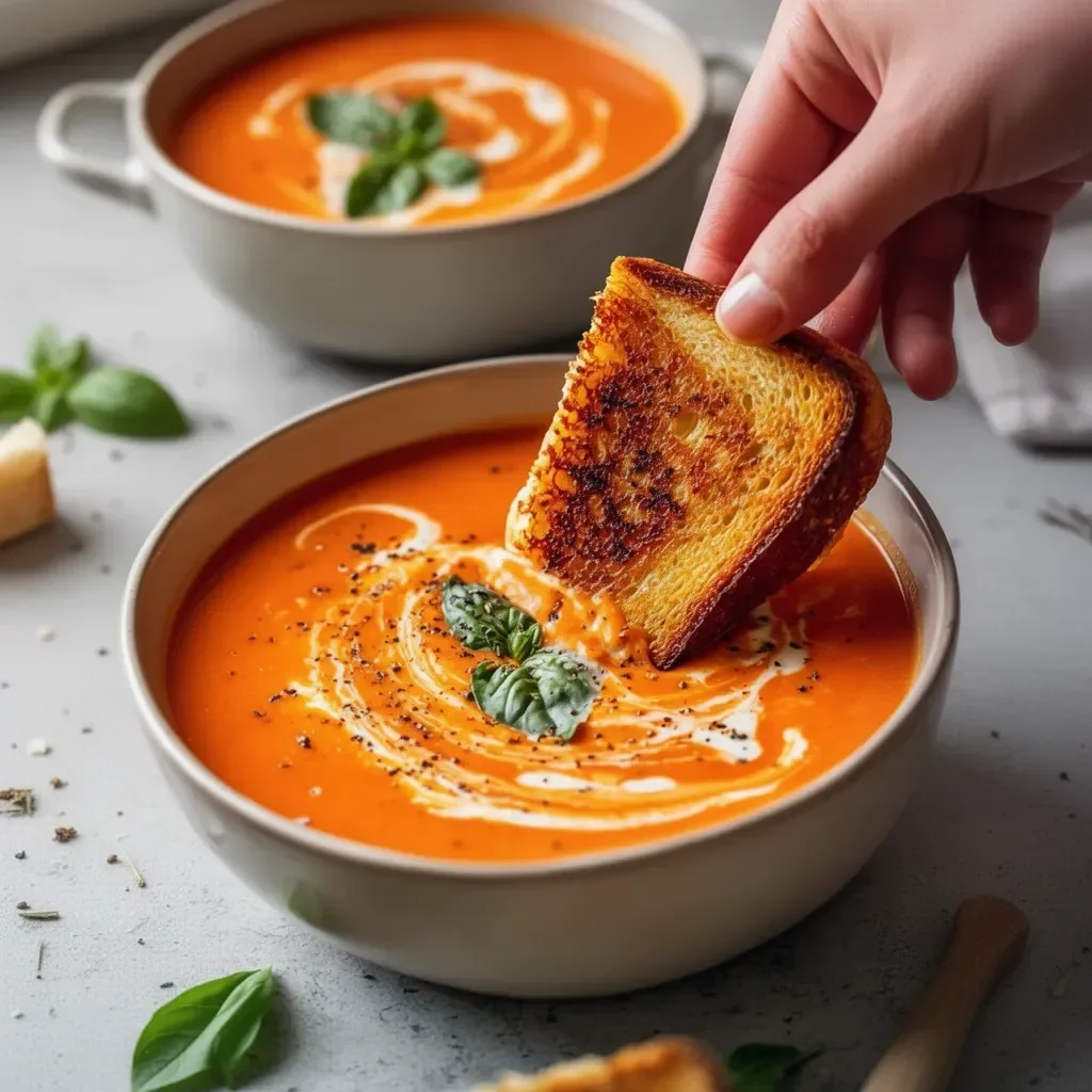 Soupe de tomates rôties réconfortante dans un bol garni de basilic frais