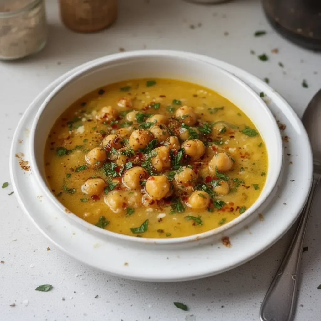 Soupe grecque facile aux pois chiches dans un bol sur une table en bois.