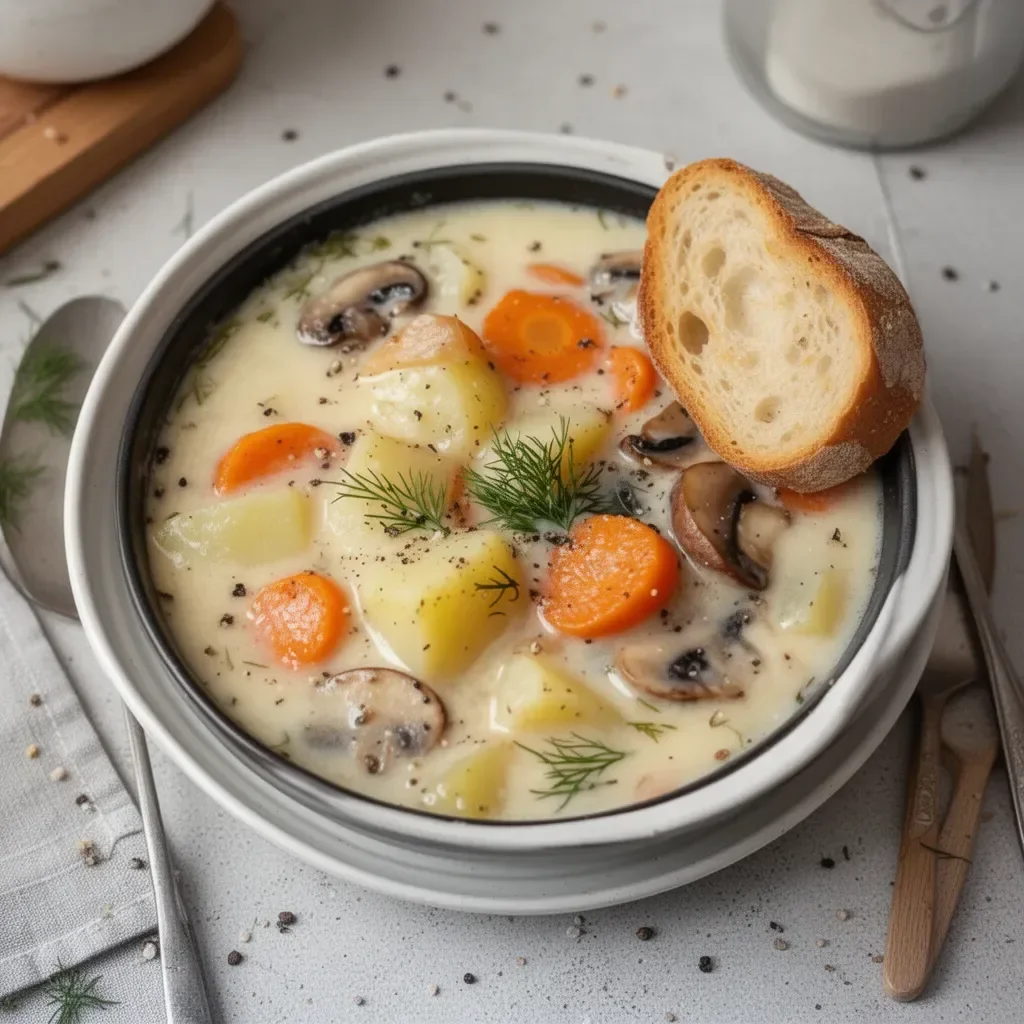 Soupe Russe aux Pommes de Terre et Champignons servie dans un bol.