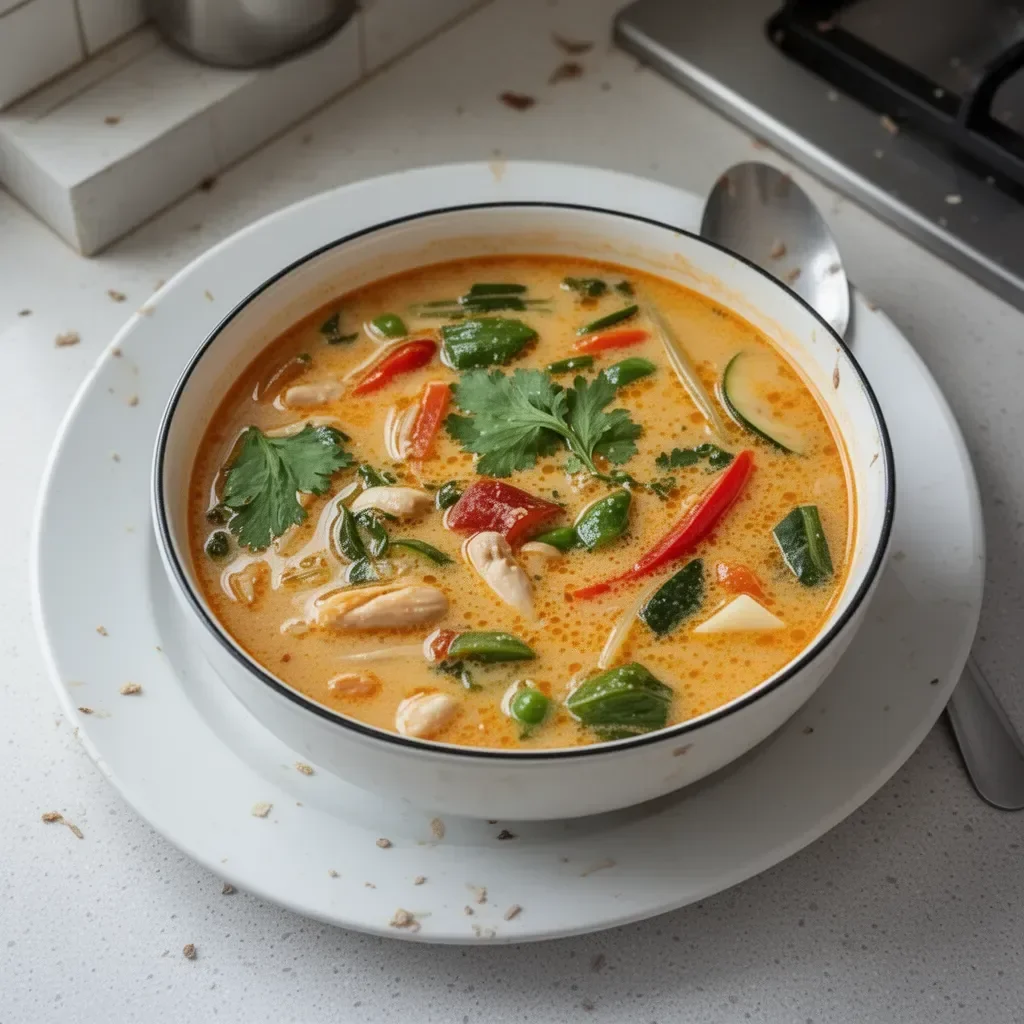Bol de soupe thaïlandaise parfumée aux épices et herbes fraîches