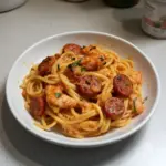 Spaghetti à la Crème de Poivron, Chorizo et Crevettes