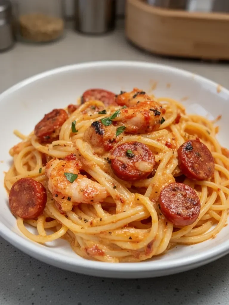 Spaghetti à la Crème de Poivron, Chorizo et Crevettes