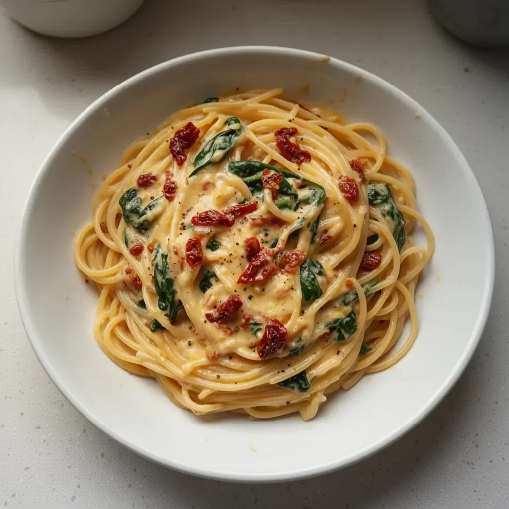 Spaghetti épinards avec sauce crémeuse aux tomates séchées au soleil