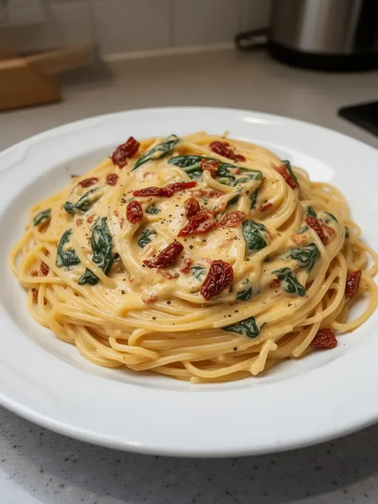 Spaghetti et épinards avec sauce crémeuse aux tomates séchées au soleil