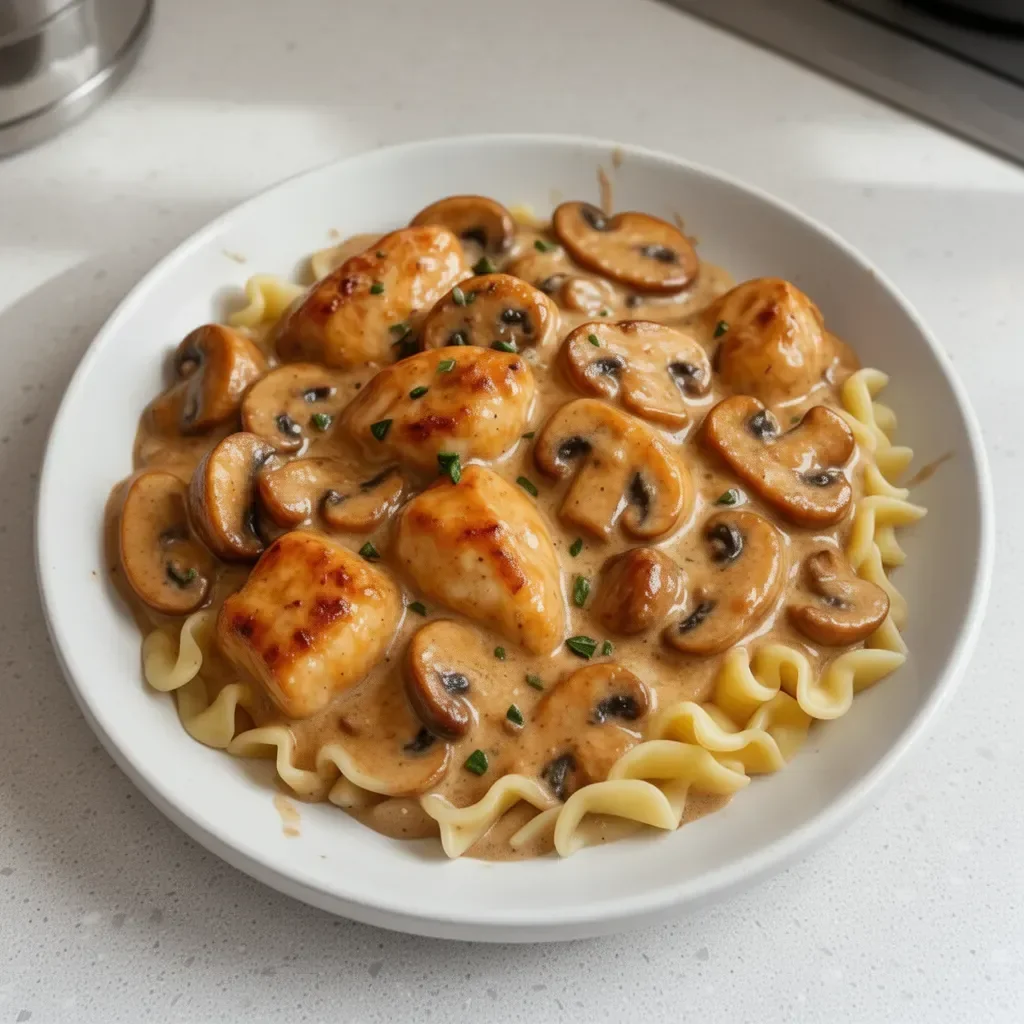 Assiette de Stroganoff de poulet aux champignons savoureux et crémeux