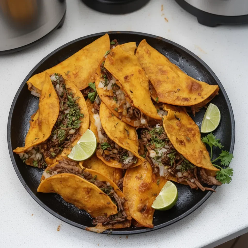 Tacos Birria garnis d'ingrédients savoureux et accompagnés d'une sauce.