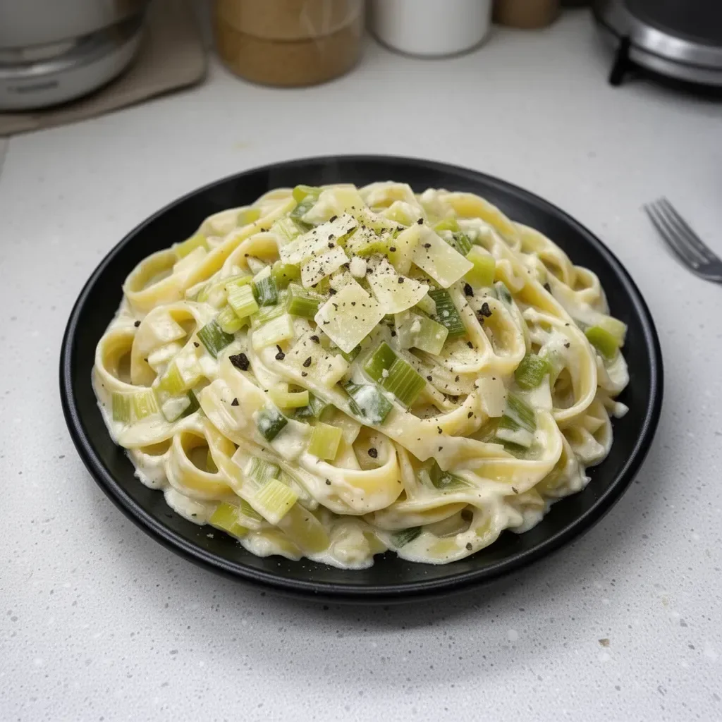 Tagliatelles crème de poireaux dans une assiette garnie de légumes frais