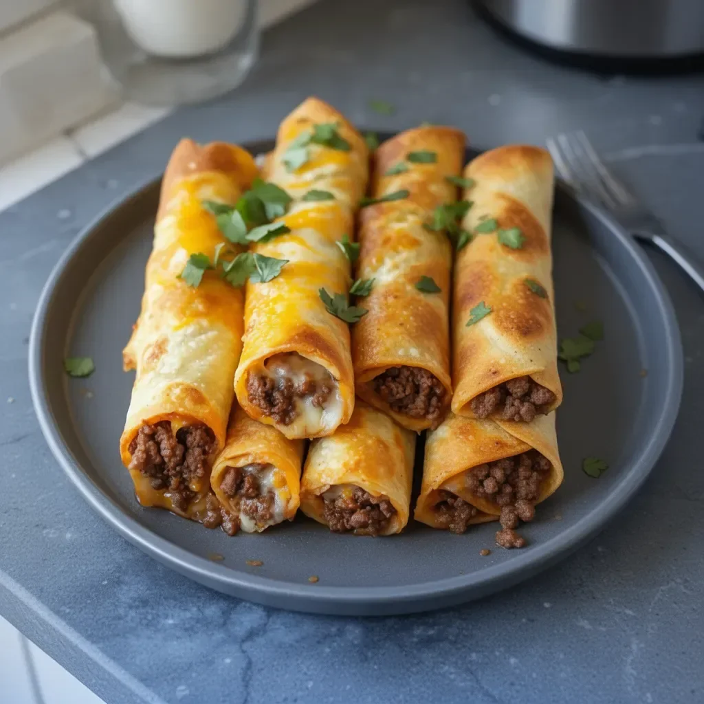 Taquitos au bœuf croustillants et garnis, présentés sur une assiette.