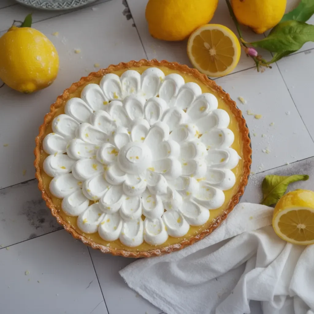 Tarte au citron garnie de crème citronnée et decorée de zestes de citron