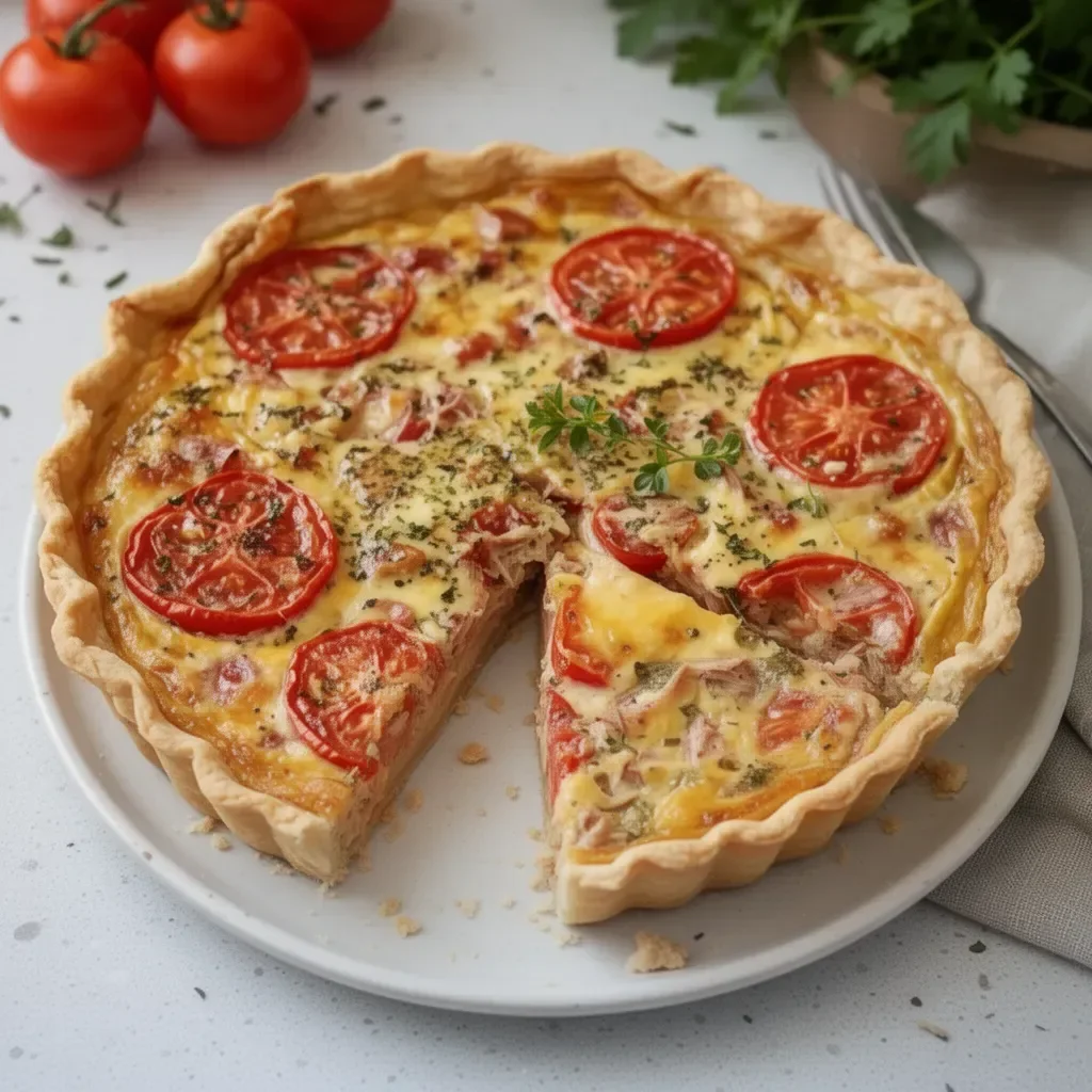 Tarte au thon, tomate et moutarde fraîchement cuite sur une assiette.