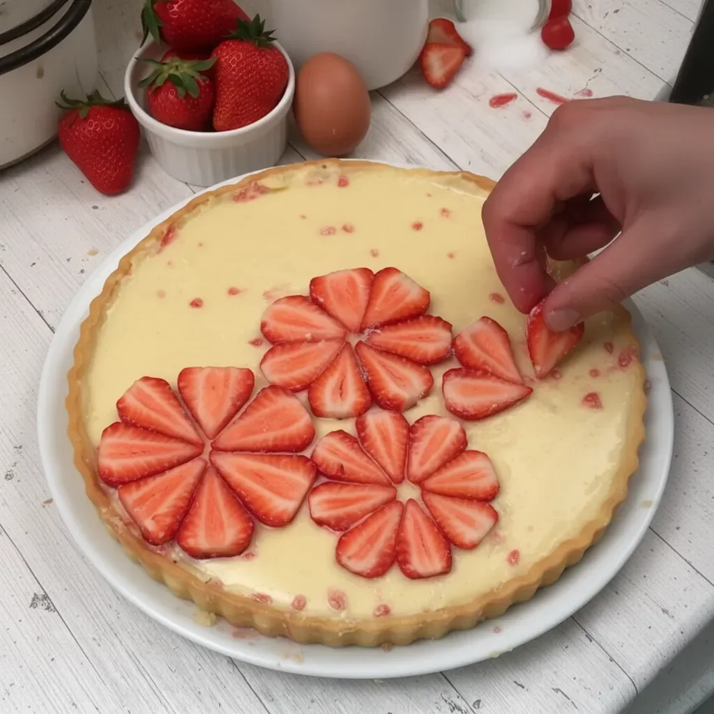 Tarte aux fraises fraîchement cuite avec des fraises juteuses sur une croûte dorée