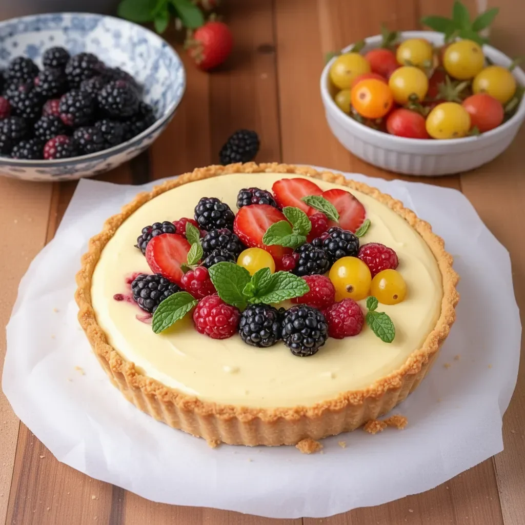 Tarte aux fruits à la crème vanillée beurrée, un dessert savoureux et raffiné.
