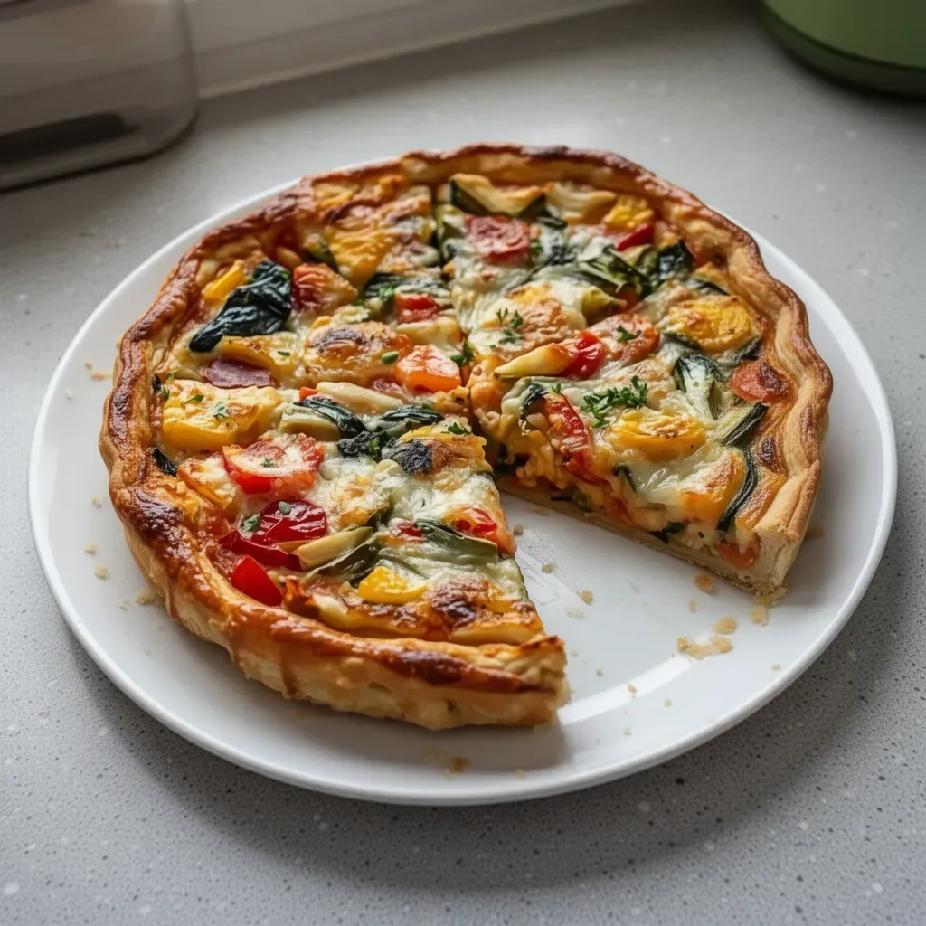 Une savoureuse tarte aux légumes fraîchement cuite avec une croûte dorée.