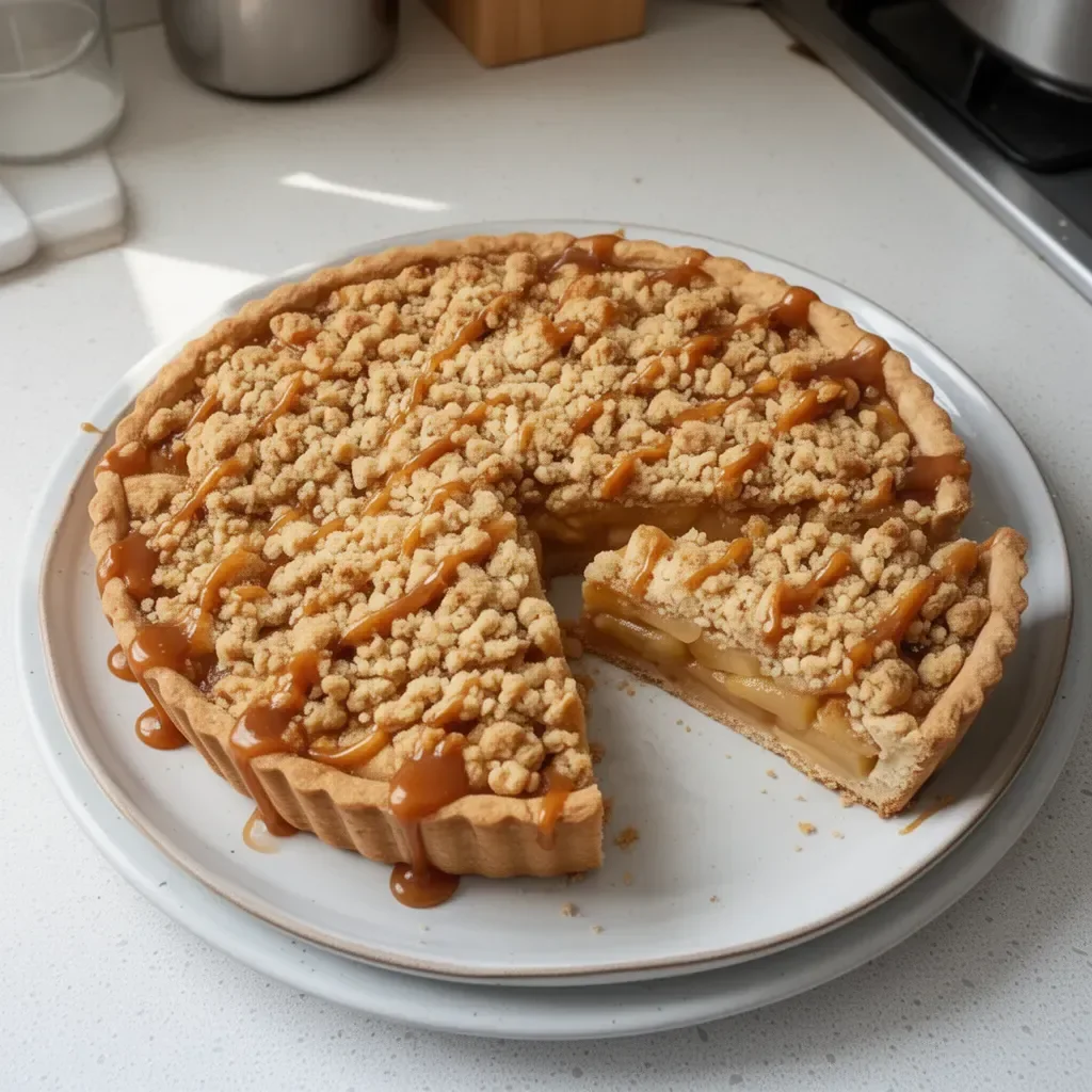 Tarte Crumble aux Pommes et Caramel fraîchement préparée